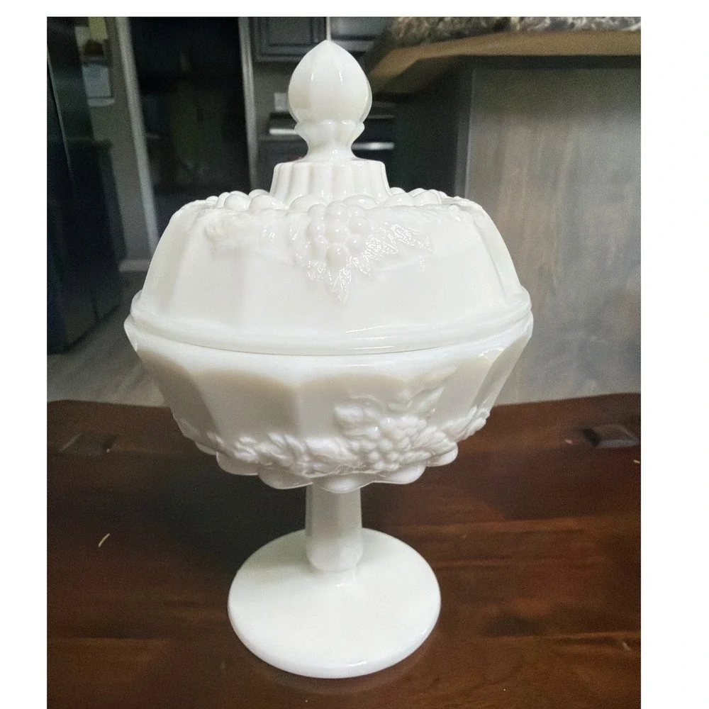 Westmoreland Milk Glass Paneled Grape Pedestal Candy Dish with Lid Vintage White